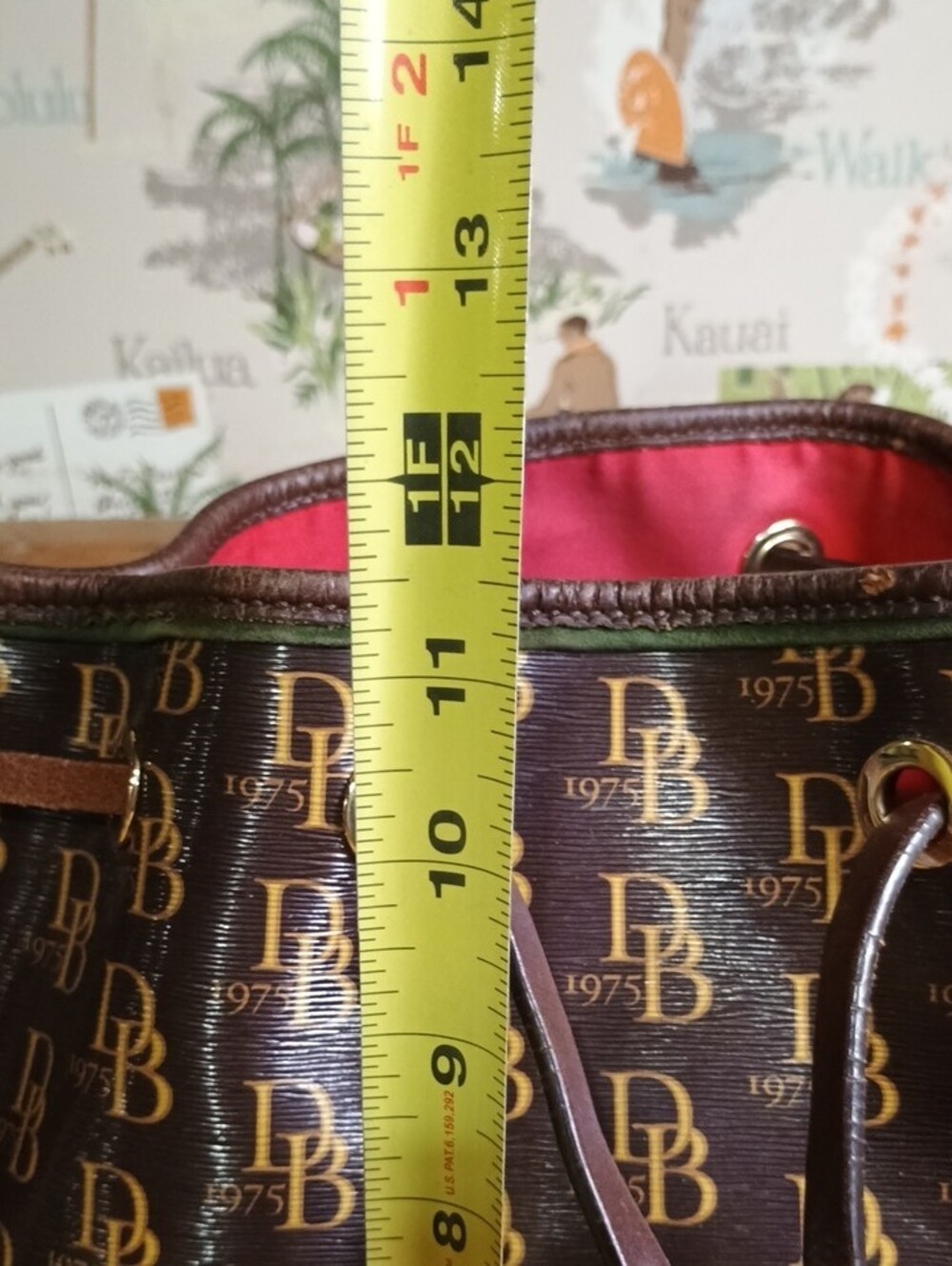 Dooney & Bourke Sutton Brown Logo Drawstring Bucket Bag with Red Interior - Picture 3 of 12